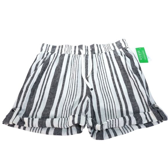 GUESS Charlotte Striped Linen Shorts - Womens Medium - White / Grey / Black-NWT - Picture 2 of 8